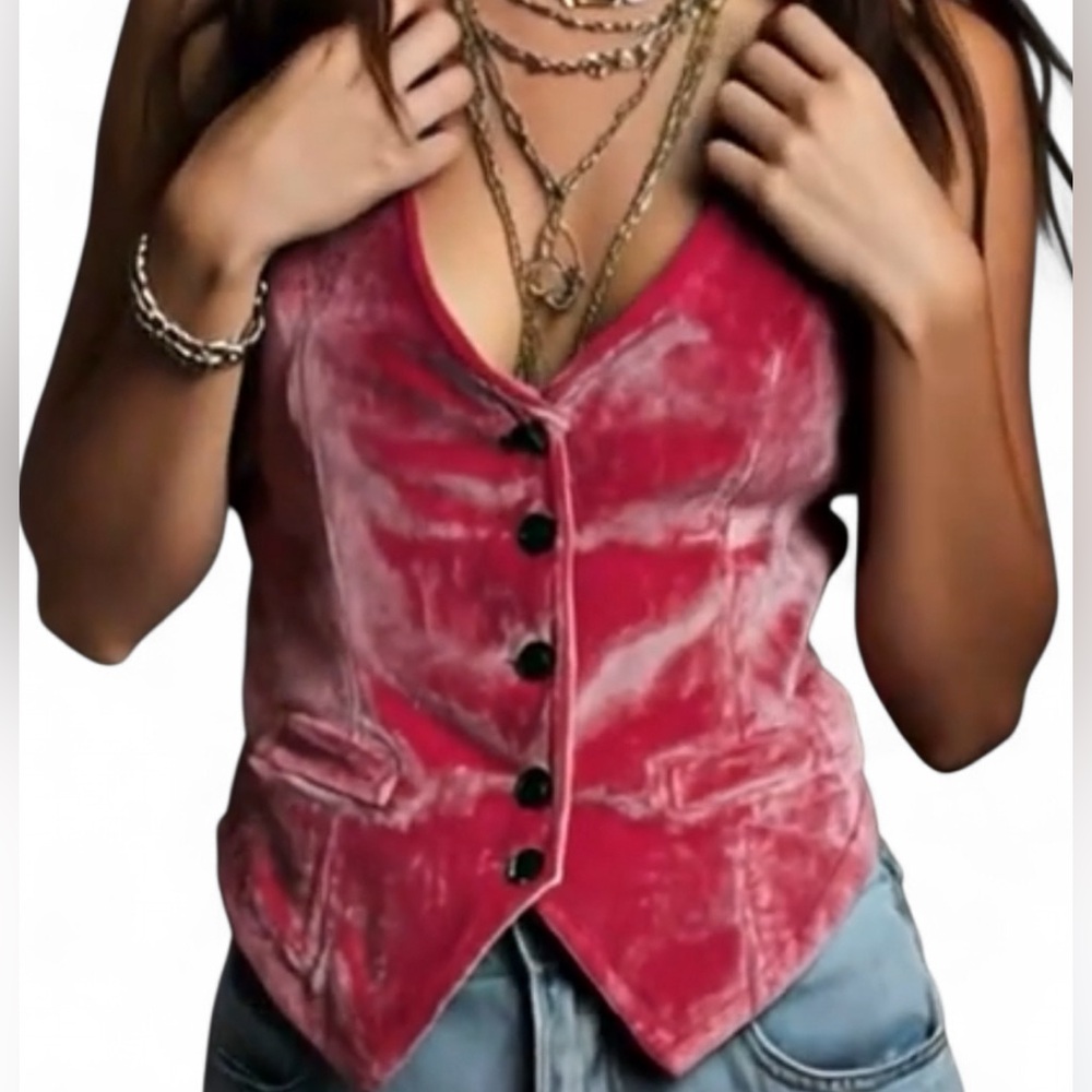 NWOT Y2K Retro | SZ M | Velvet Pink Boho Button-Up Vest Top - Picture 2 of 8